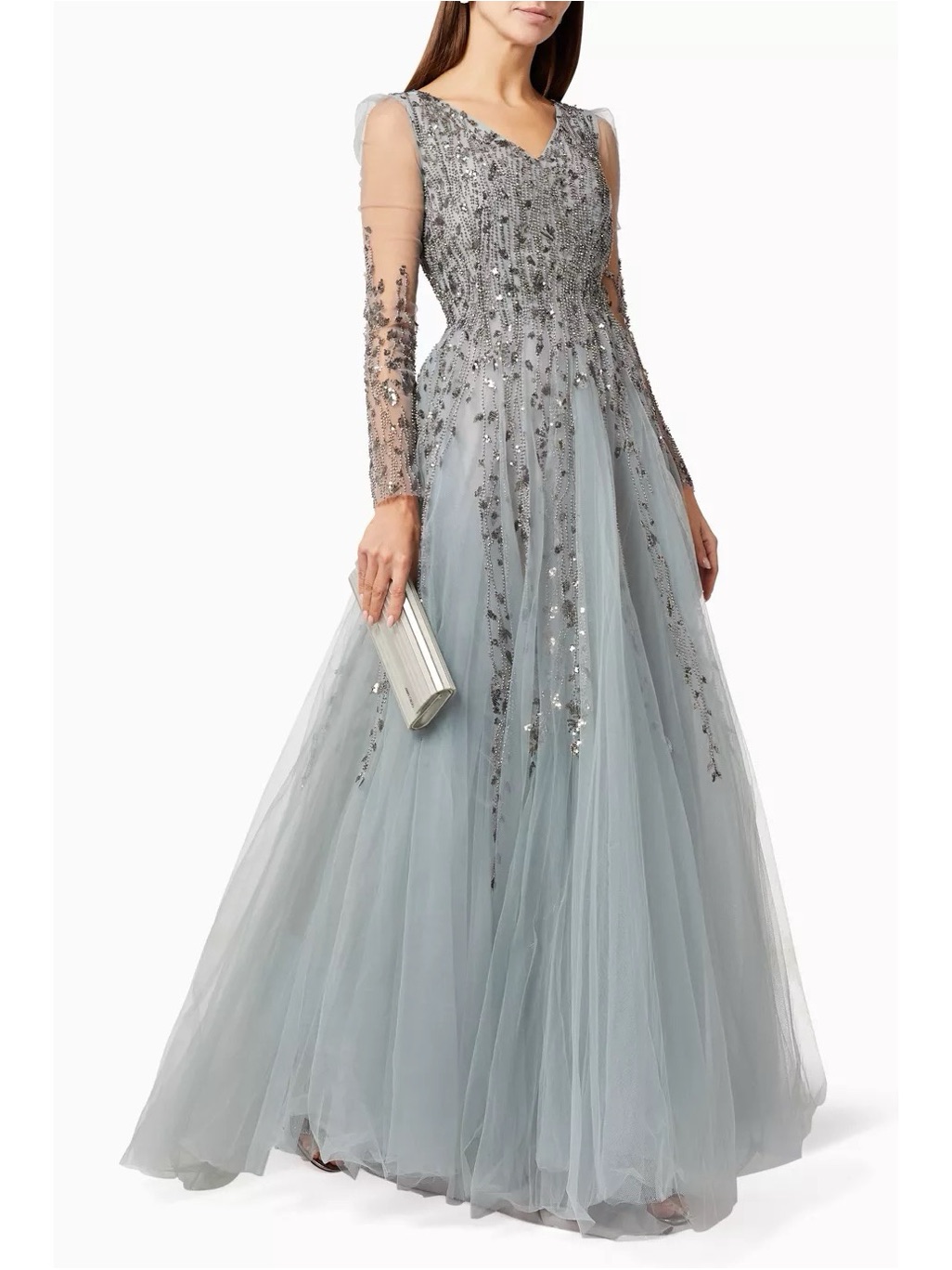 Mac Duggal Illusion Beaded Gown Platinum V Neck Embellished Long Sleeve Tulle